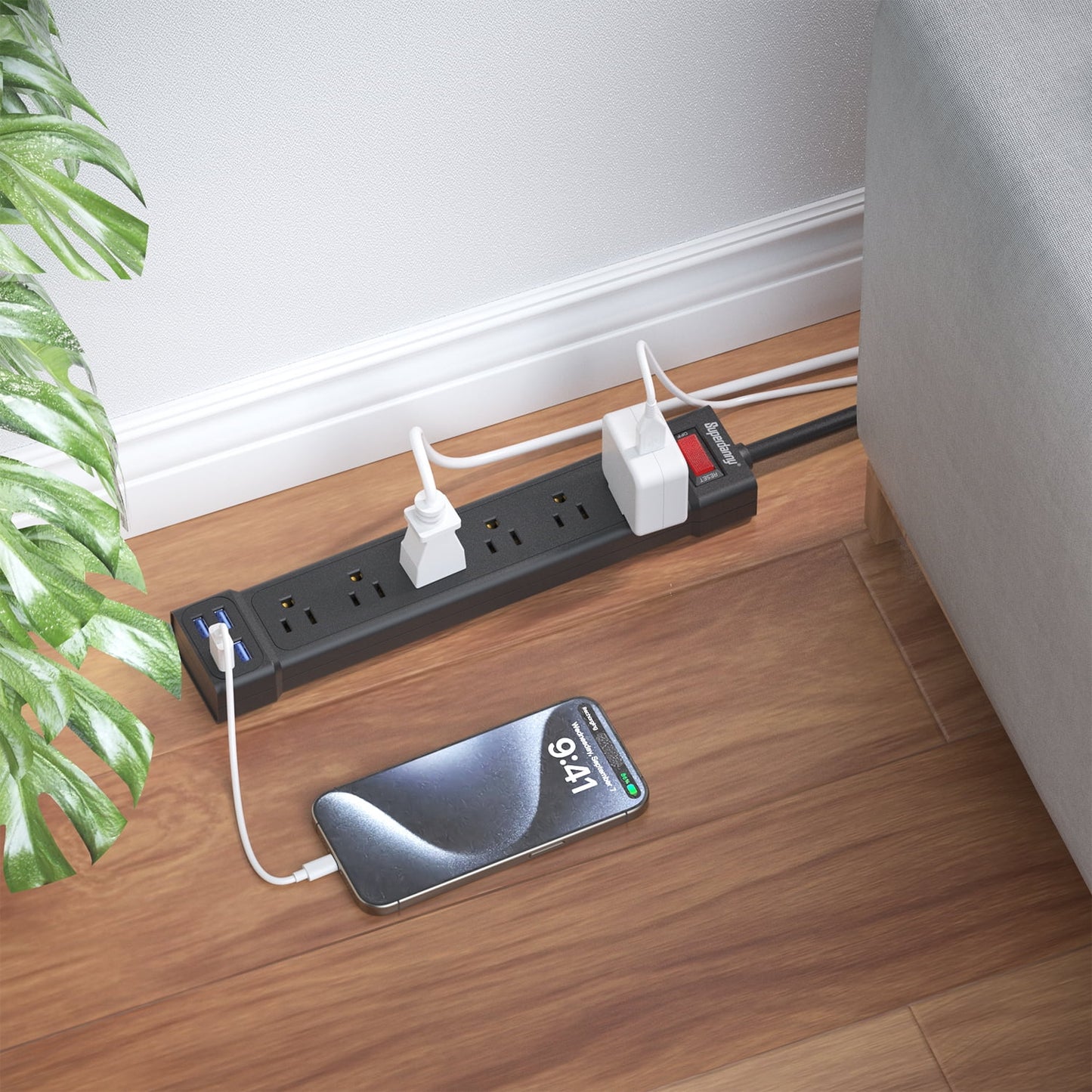 Surge Protector Power Strip with USB Ports 6AC Outlets Extender 4Ft Wall Mountable