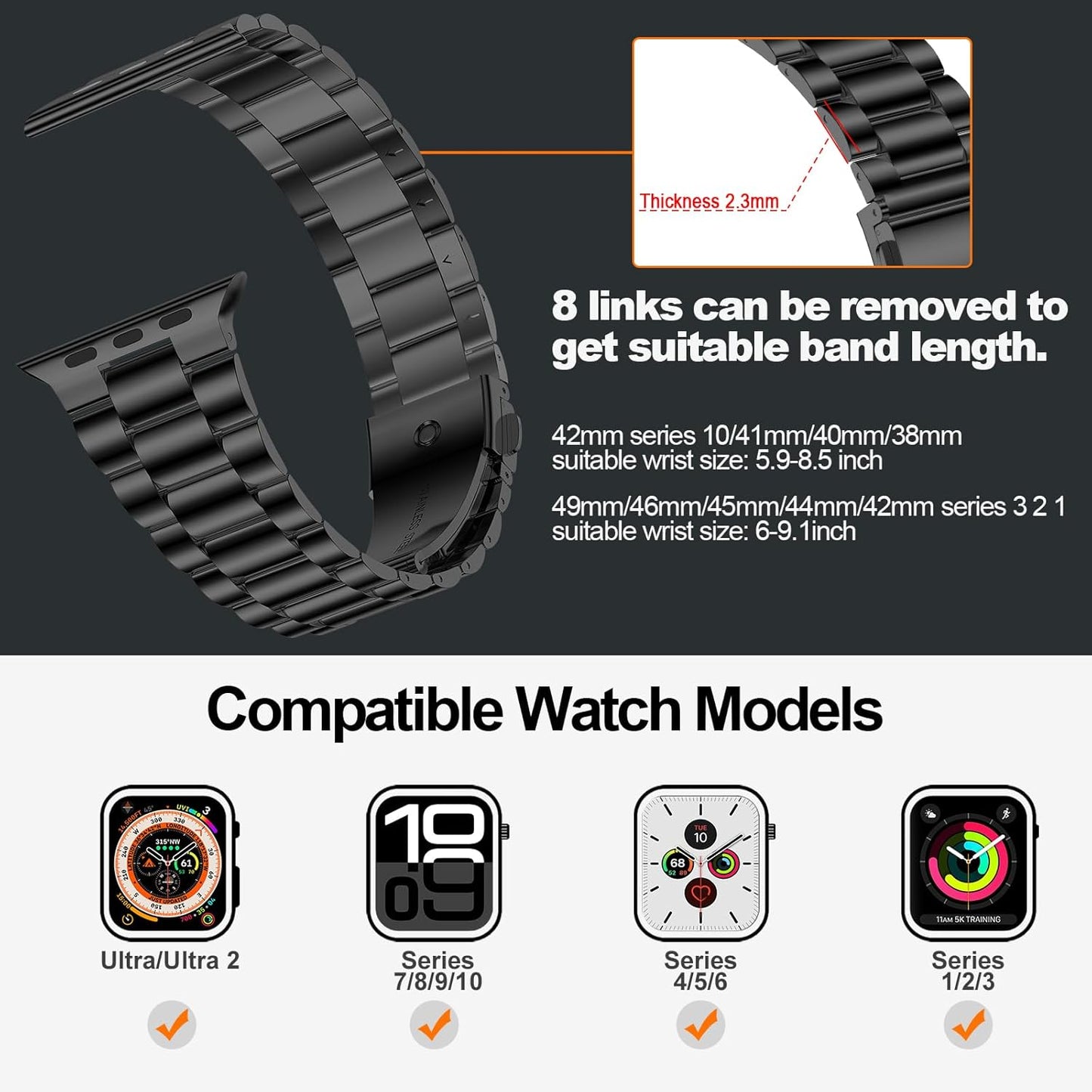 Lightweight Stainless Steel Band Designed for Apple Watch Ultra 2 & Ultra, Series 1-10, 46Mm, 45Mm, 44Mm, 42Mm, Replacement Iwatch Bands for Men & Women,Black