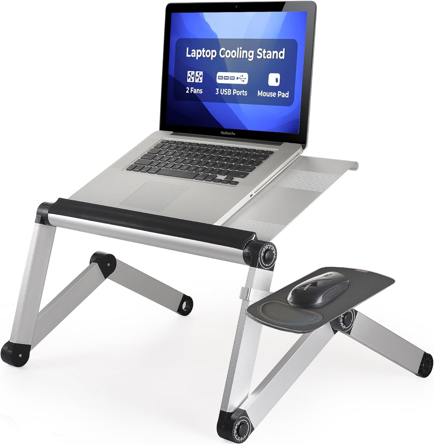 Workez Cooling Adjustable Laptop Stand for Desk W/Fan USB Ports Mouse Pad Ergonomic Foldable Laptop Stand Riser Portable Computer Holder, Silver