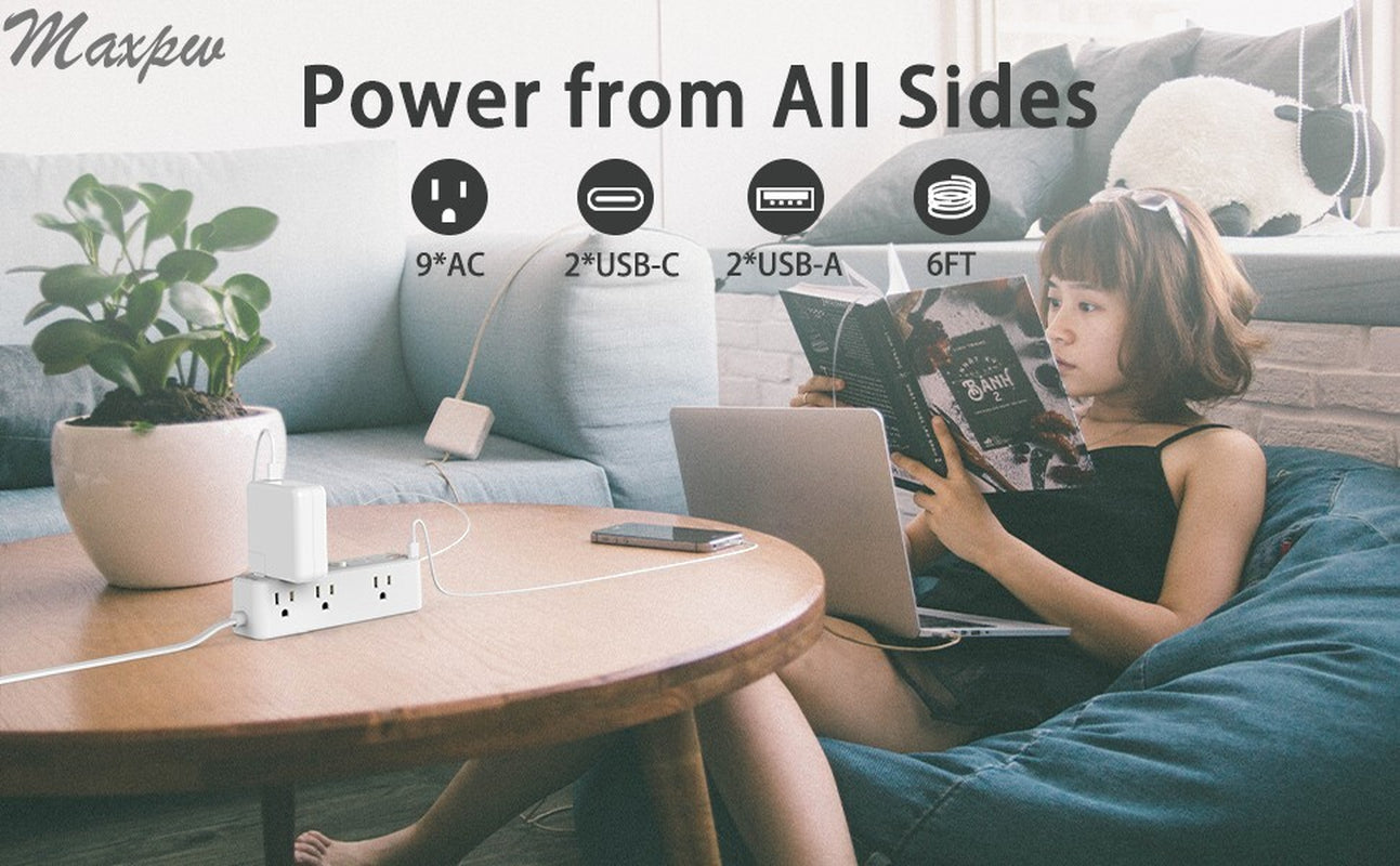 Surge Protector Power Strip with 9 Outlets Extender and 4 USB Ports (2 USB-C)..