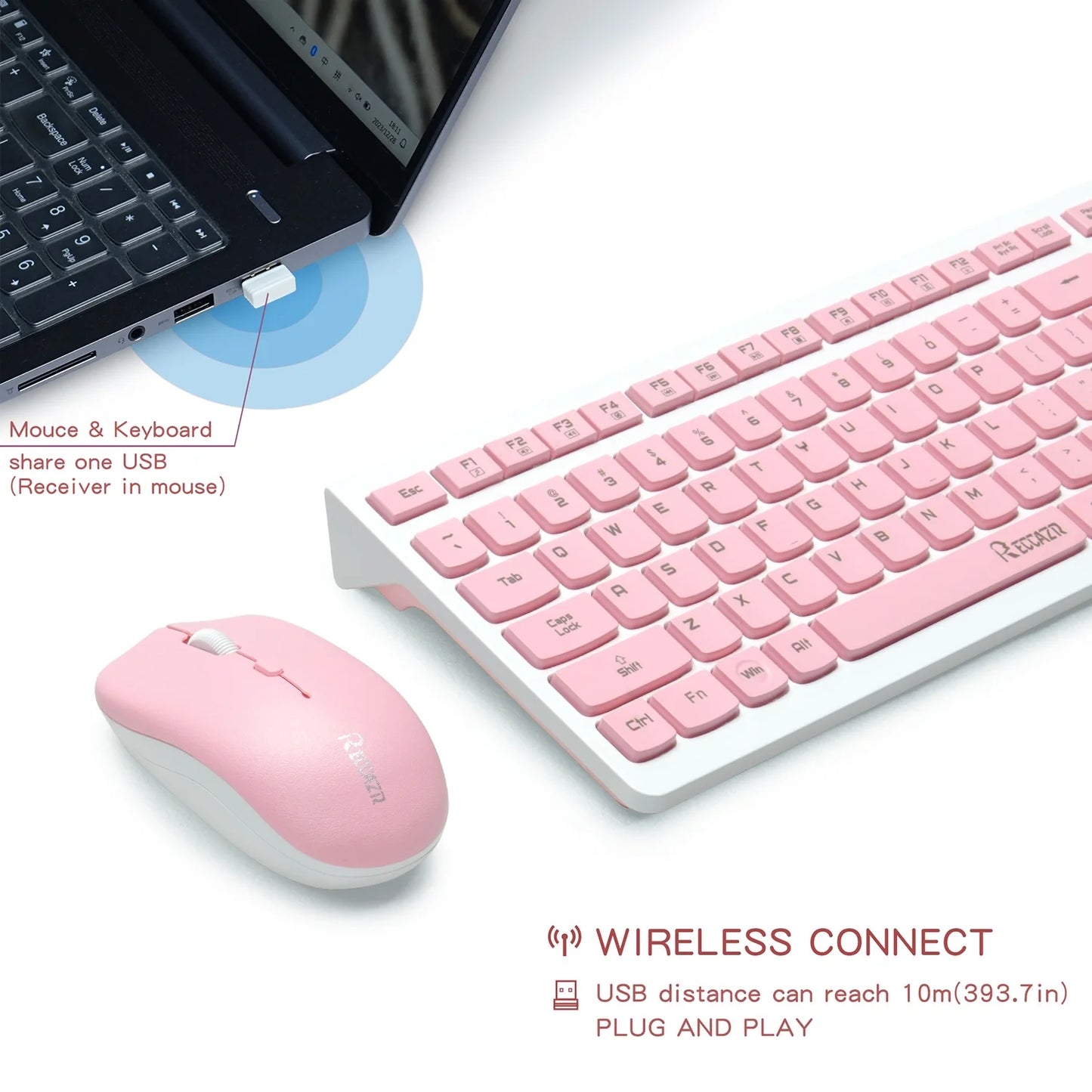 Wireless Keyboard and Mouse Combo, Full Size Wireless Keyboard and Mouse, 2.4G Wireless Keyboard and Mouse Set for PC, Laptop, Windows, Desktop (Pink)