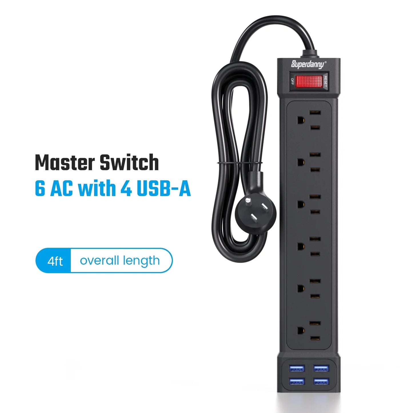 Surge Protector Power Strip with USB Ports 6AC Outlets Extender 4Ft Wall Mountable