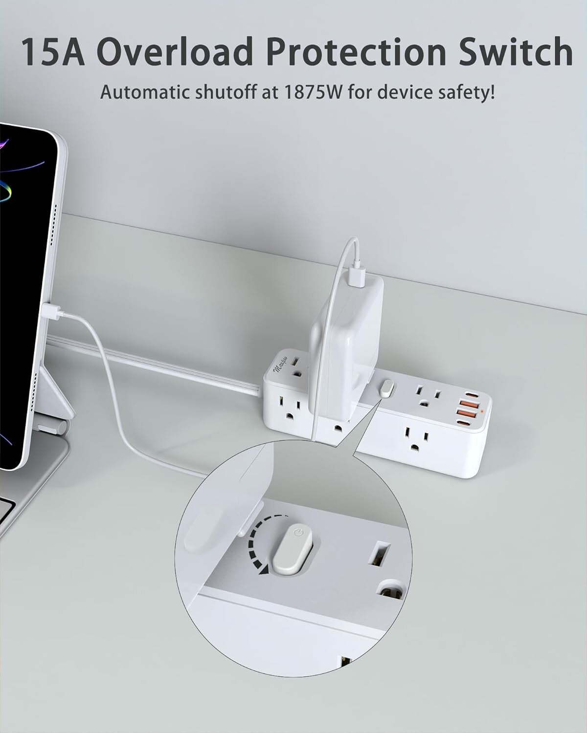Surge Protector Power Strip with 9 Outlets Extender and 4 USB Ports (2 USB-C)..