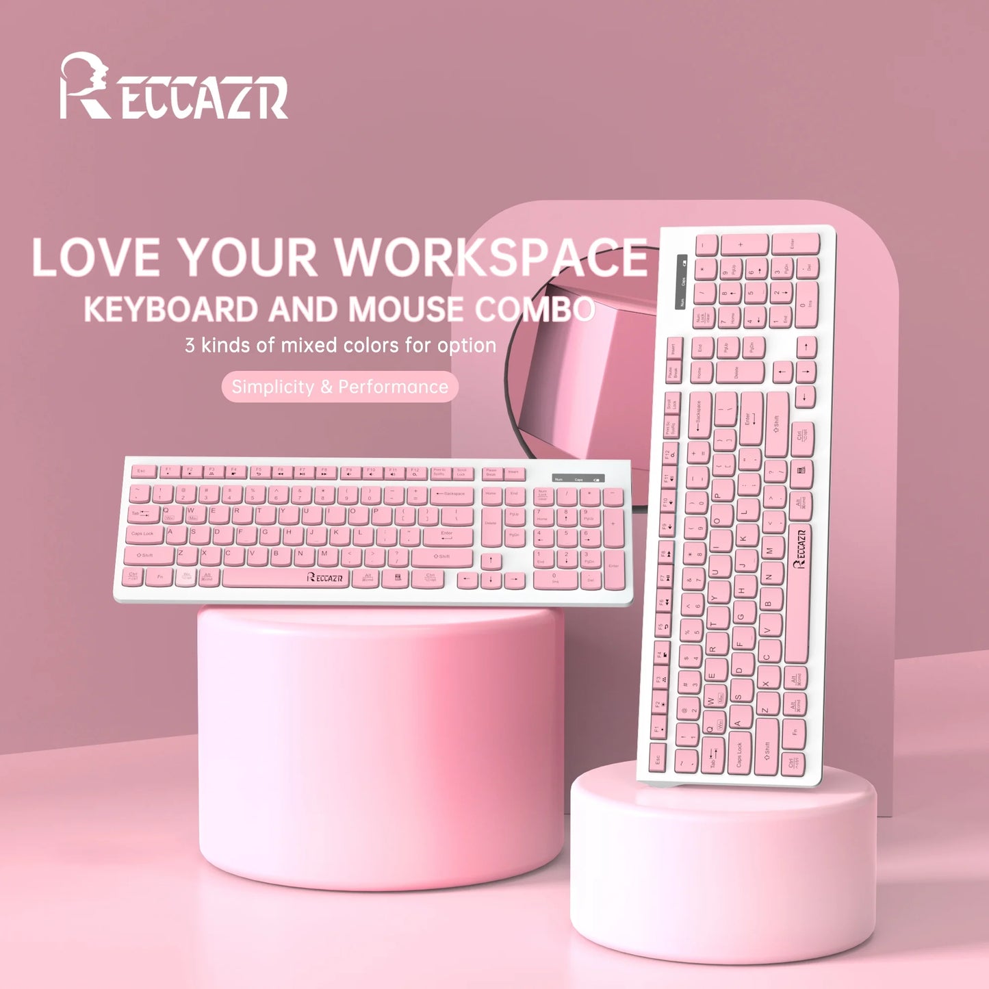 Wireless Keyboard and Mouse Combo, Full Size Wireless Keyboard and Mouse, 2.4G Wireless Keyboard and Mouse Set for PC, Laptop, Windows, Desktop (Pink)