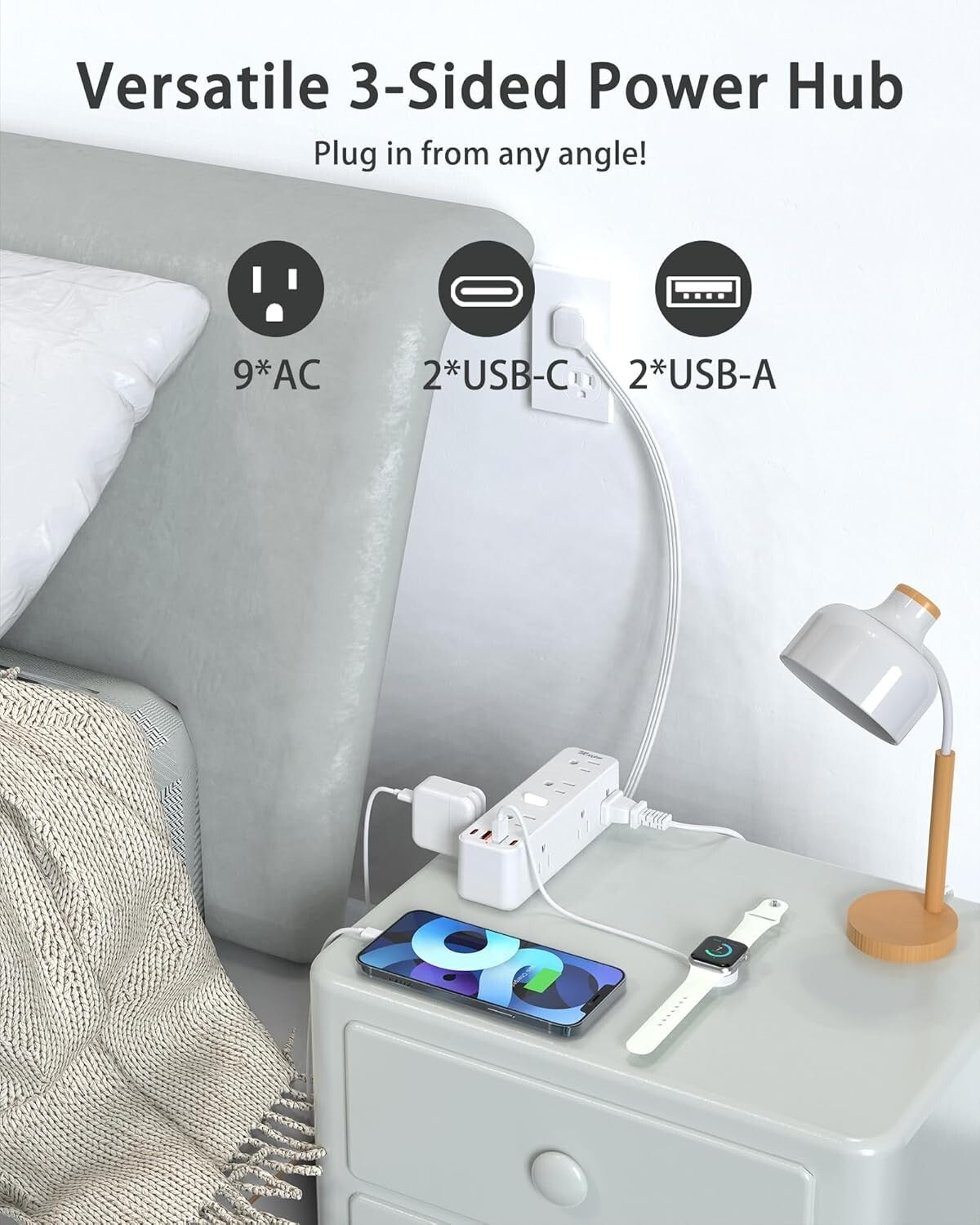 Surge Protector Power Strip with 9 Outlets Extender and 4 USB Ports (2 USB-C)..