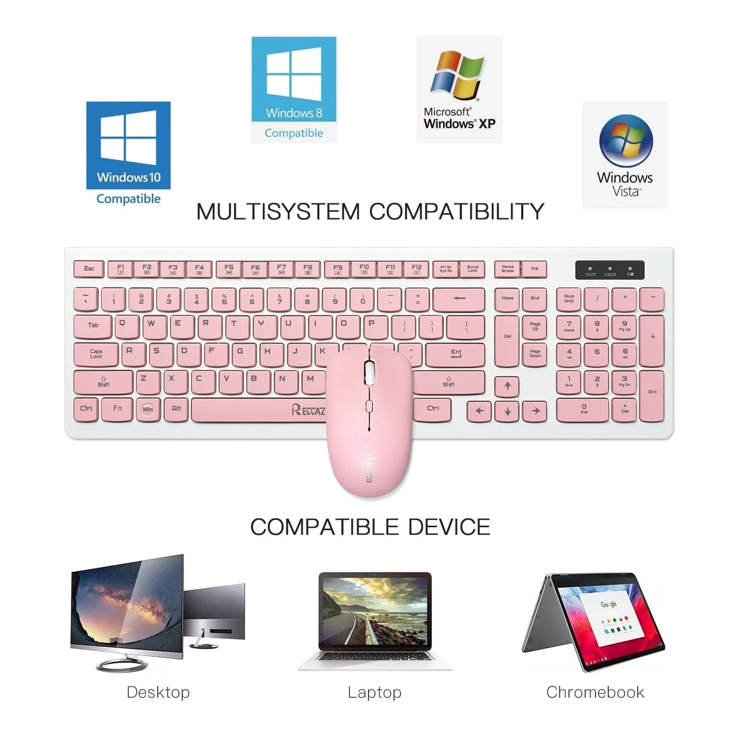Wireless Keyboard and Mouse Combo, Full Size Wireless Keyboard and Mouse, 2.4G Wireless Keyboard and Mouse Set for PC, Laptop, Windows, Desktop (Pink)