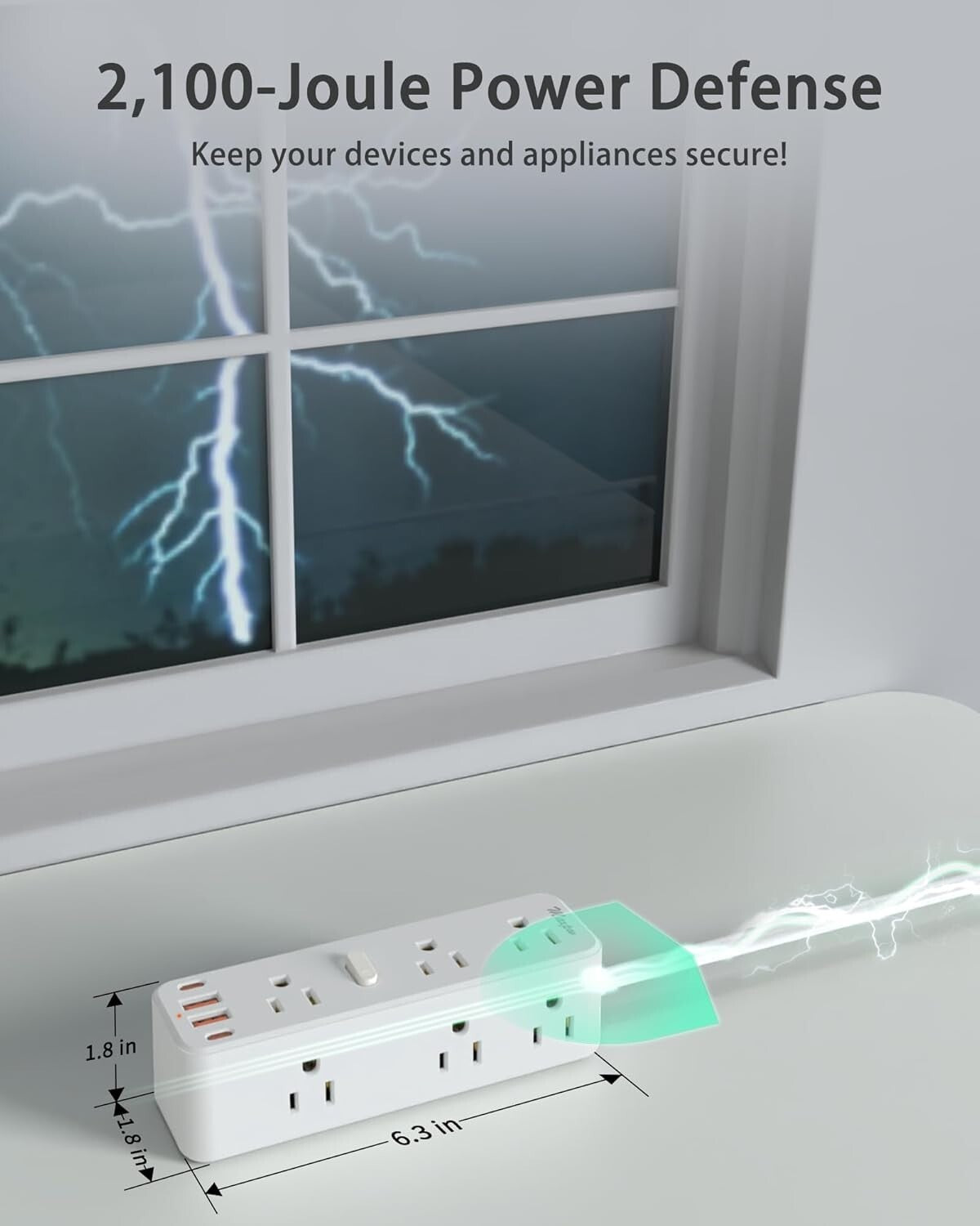 Surge Protector Power Strip with 9 Outlets Extender and 4 USB Ports (2 USB-C)..