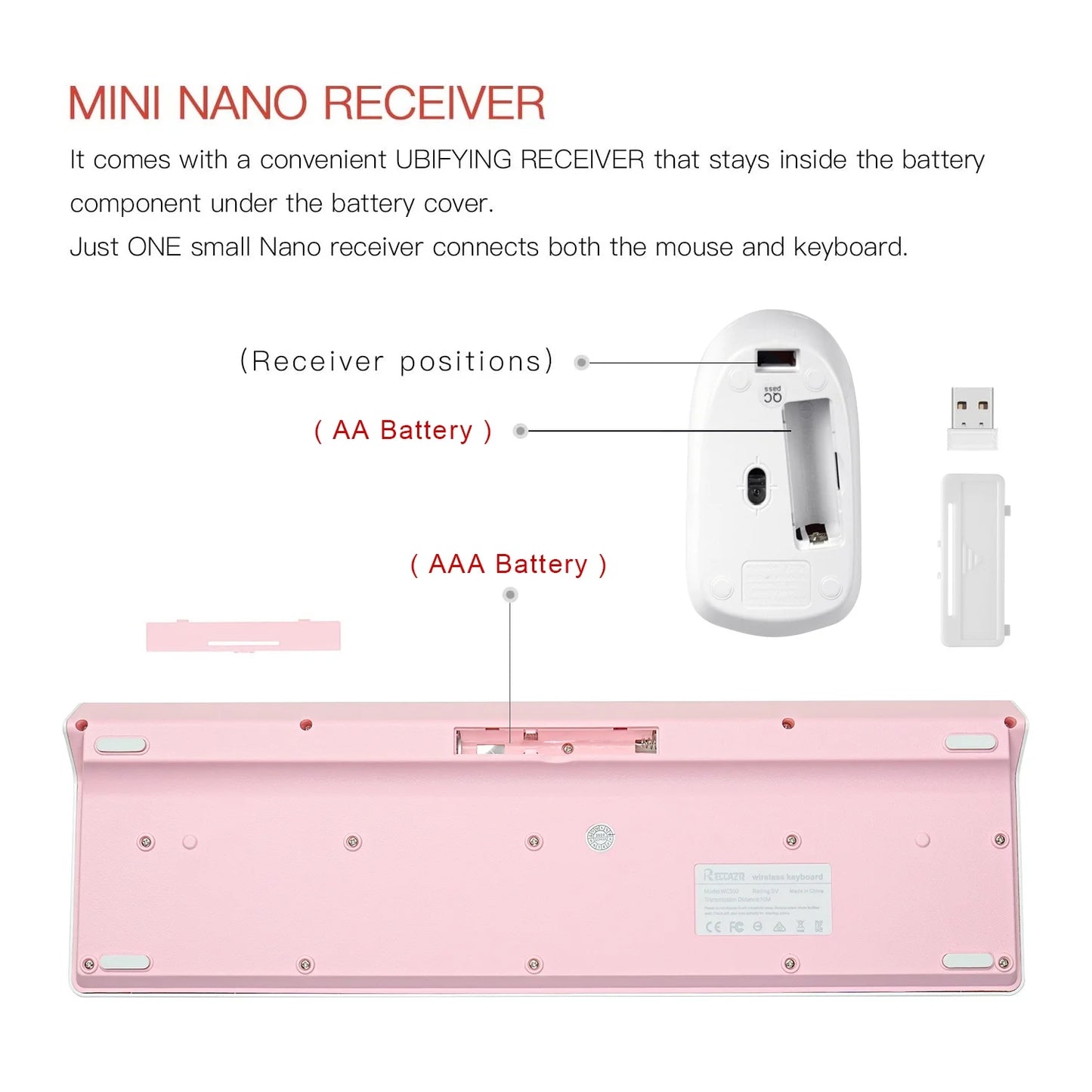 Wireless Keyboard and Mouse Combo, Full Size Wireless Keyboard and Mouse, 2.4G Wireless Keyboard and Mouse Set for PC, Laptop, Windows, Desktop (Pink)
