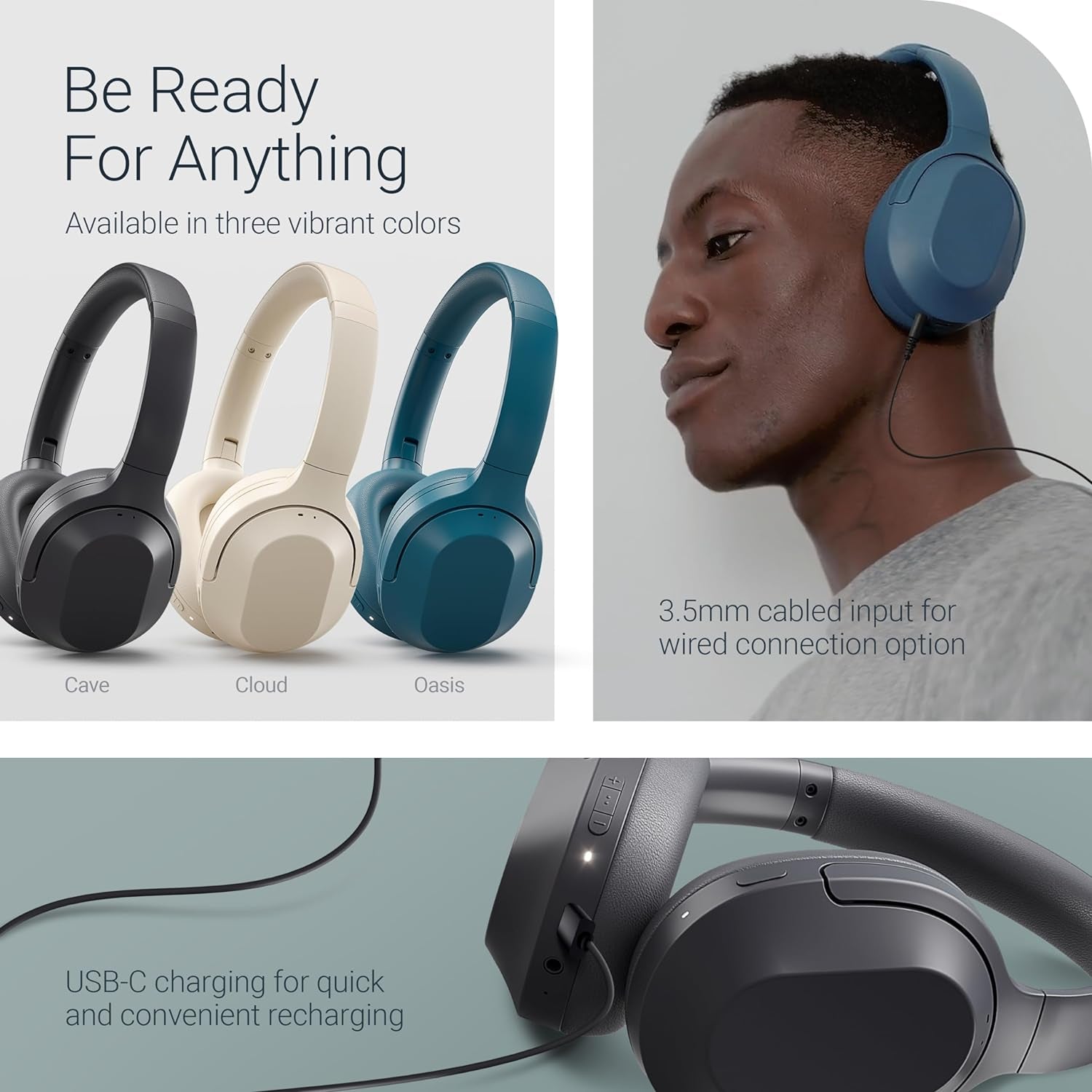 Core ANC Active Noise Cancelling Headphones - Cloud - over Ear Head Phones W/Built-In Microphones - Wireless & Bluetooth + Detachable 3.5Mm Wired - USB-C Charging Cable - 30 Hour Battery