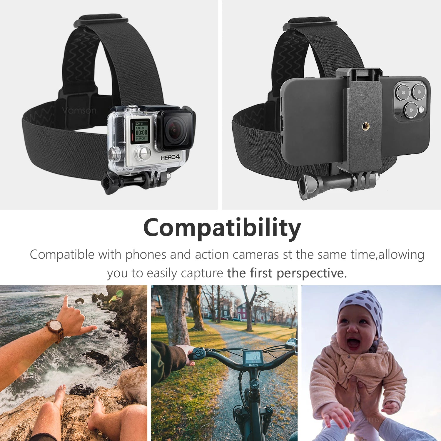 Vamson Head Strap for Gopro Hero 12 11 10 9 8 7 Accessories Head Belt Strap Mount Adjustable for Gopro Hero 7 for SJCAM VP202
