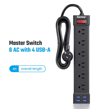 Surge Protector Power Strip with USB Ports 6AC Outlets Extender 4Ft Wall Mountable
