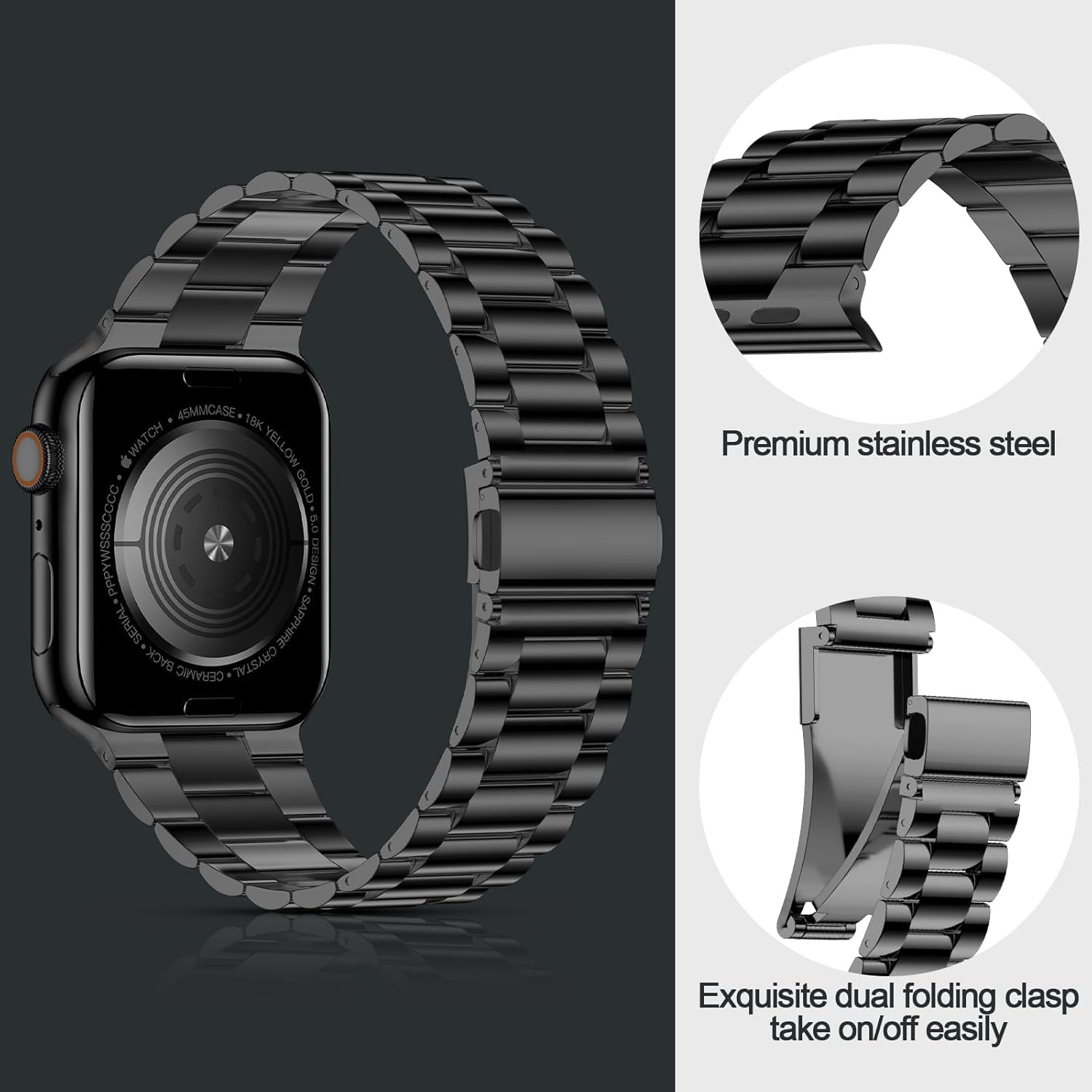 Lightweight Stainless Steel Band Designed for Apple Watch Ultra 2 & Ultra, Series 1-10, 46Mm, 45Mm, 44Mm, 42Mm, Replacement Iwatch Bands for Men & Women,Black